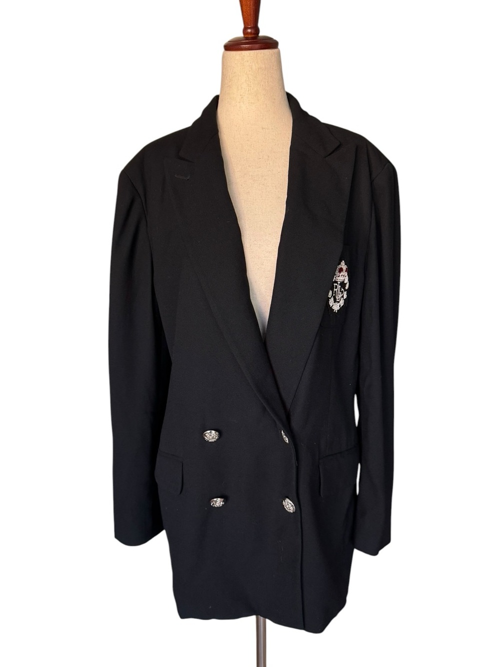 Vintage RALPH LAUREN Black Embroidered Crest Double Breasted Wool Blazer sz 12